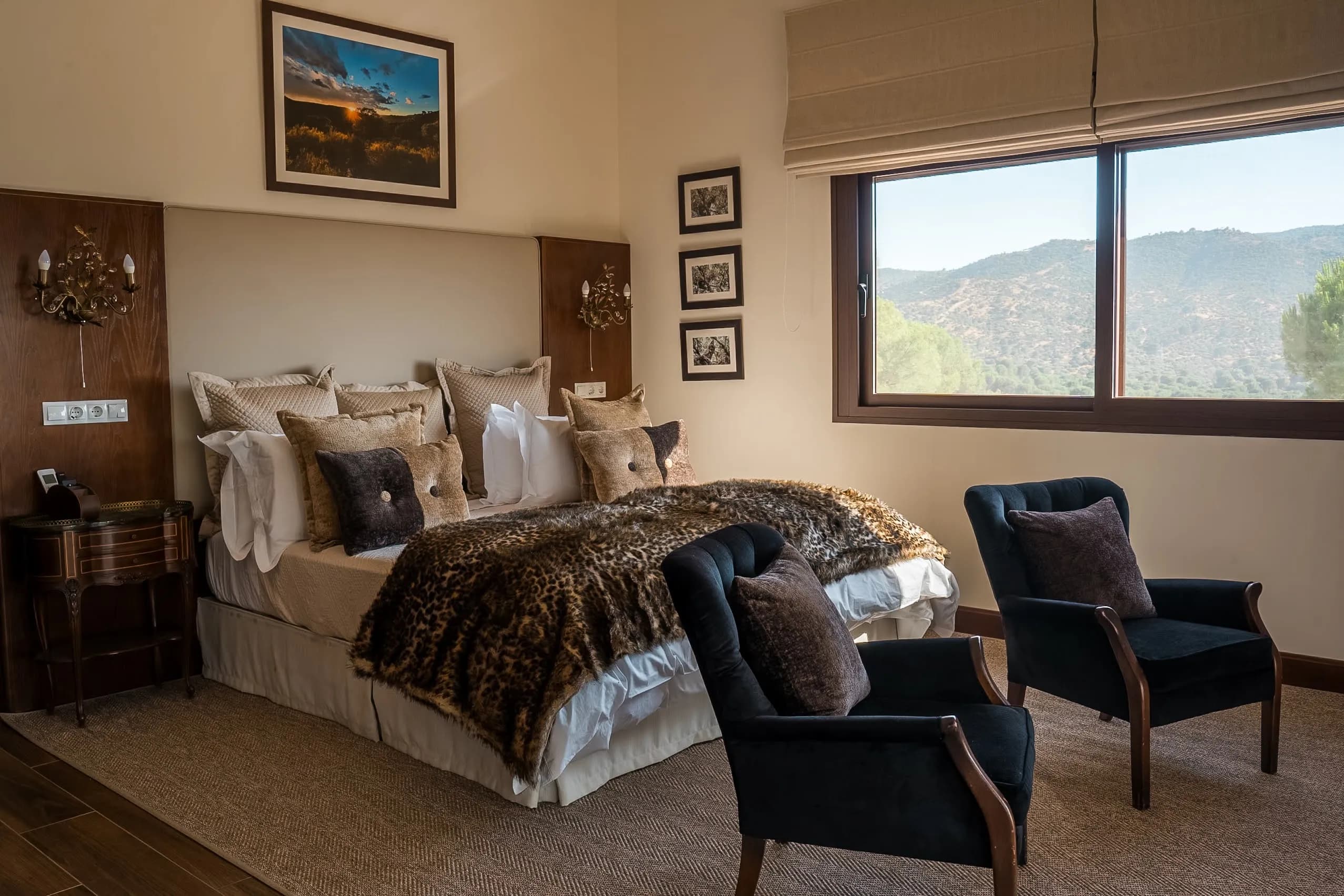 El Encinarejo lodge bedroom — view over Sierra de Andújar