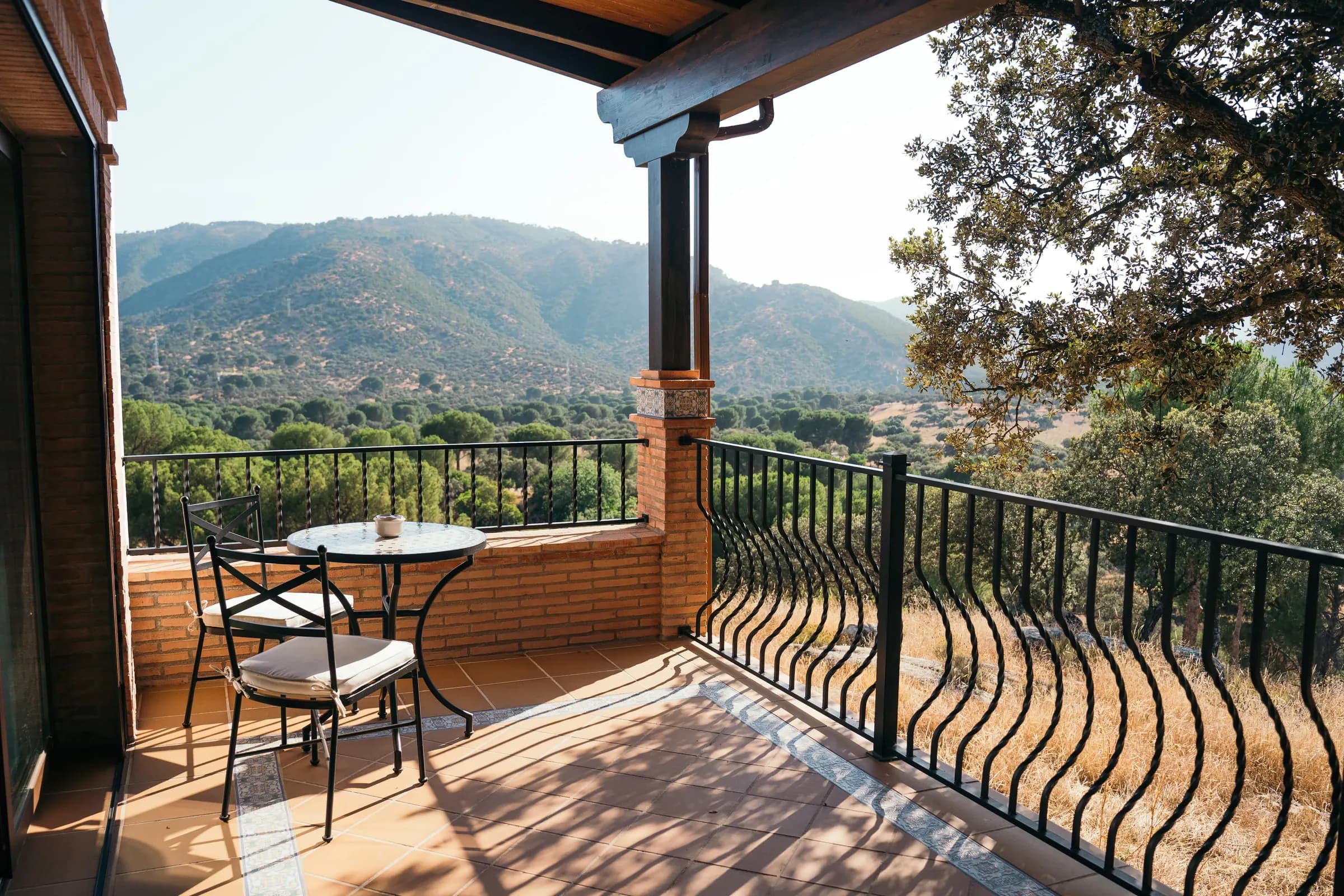 El Encinarejo lodge veranda at sunset — wingshooting season in Andalucía